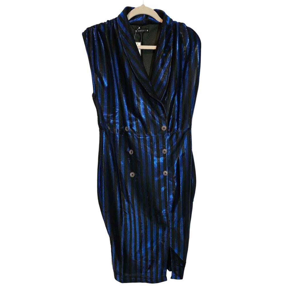 NWT Soncy Black Blue Metallic Stripe Sleeveless Dress Double Breaste Size 10